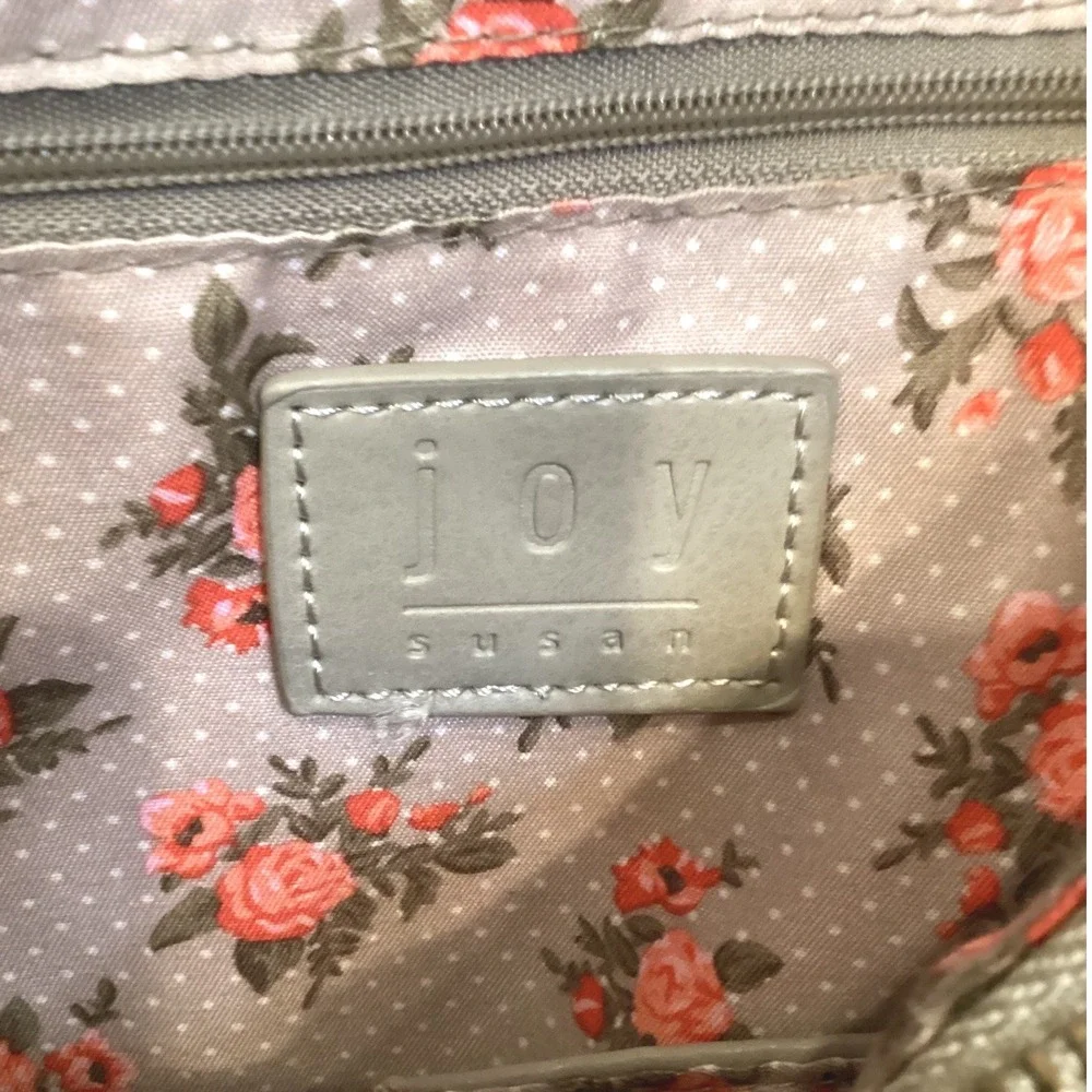 Joy Susan Taupe Vegan Leather Backpack Floral Lining Small Travel Bag Gray Zip